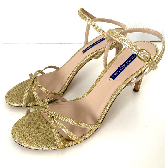 Stuart Weitzman Starla Gold Sandal 3.5"Slim Heel Open Toe Glitter Ankle Strap 10 - Picture 5 of 10